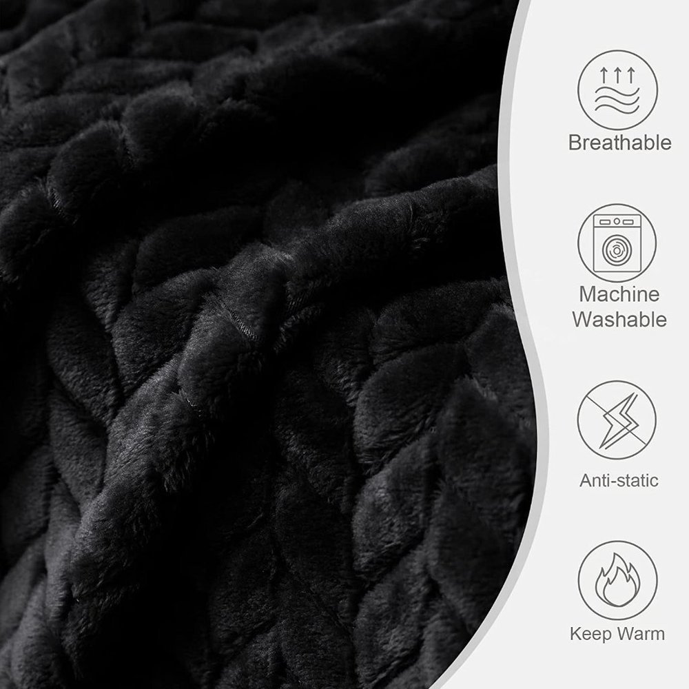 Trendy Black Knit Jacquard Weave Pattern Decorative Warm Flannel Bed Blanket - Picture 4 of 16